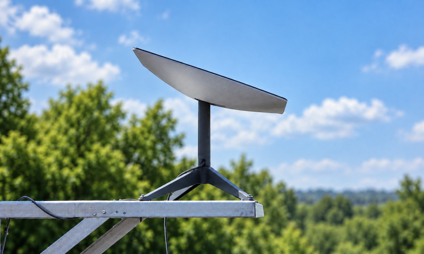 Photographic illustration of a Starlink satellite dish mounted outdoors