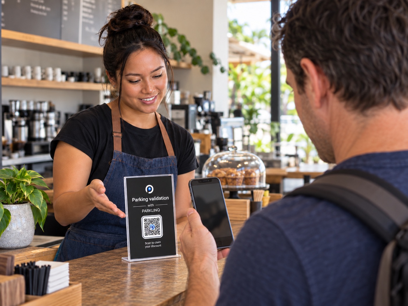 AI-generated illustration of a customer scanning a PARKLINQ tabletop validation stand with a phone at a café counter
